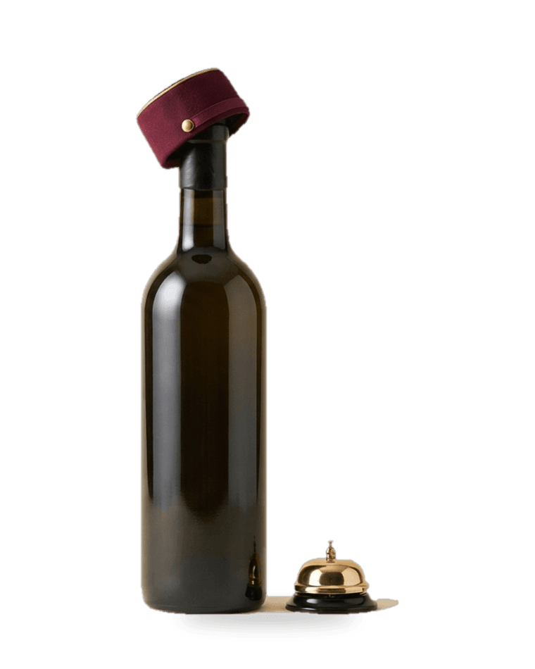 A wine bottle dressed like a concierge, ready to help