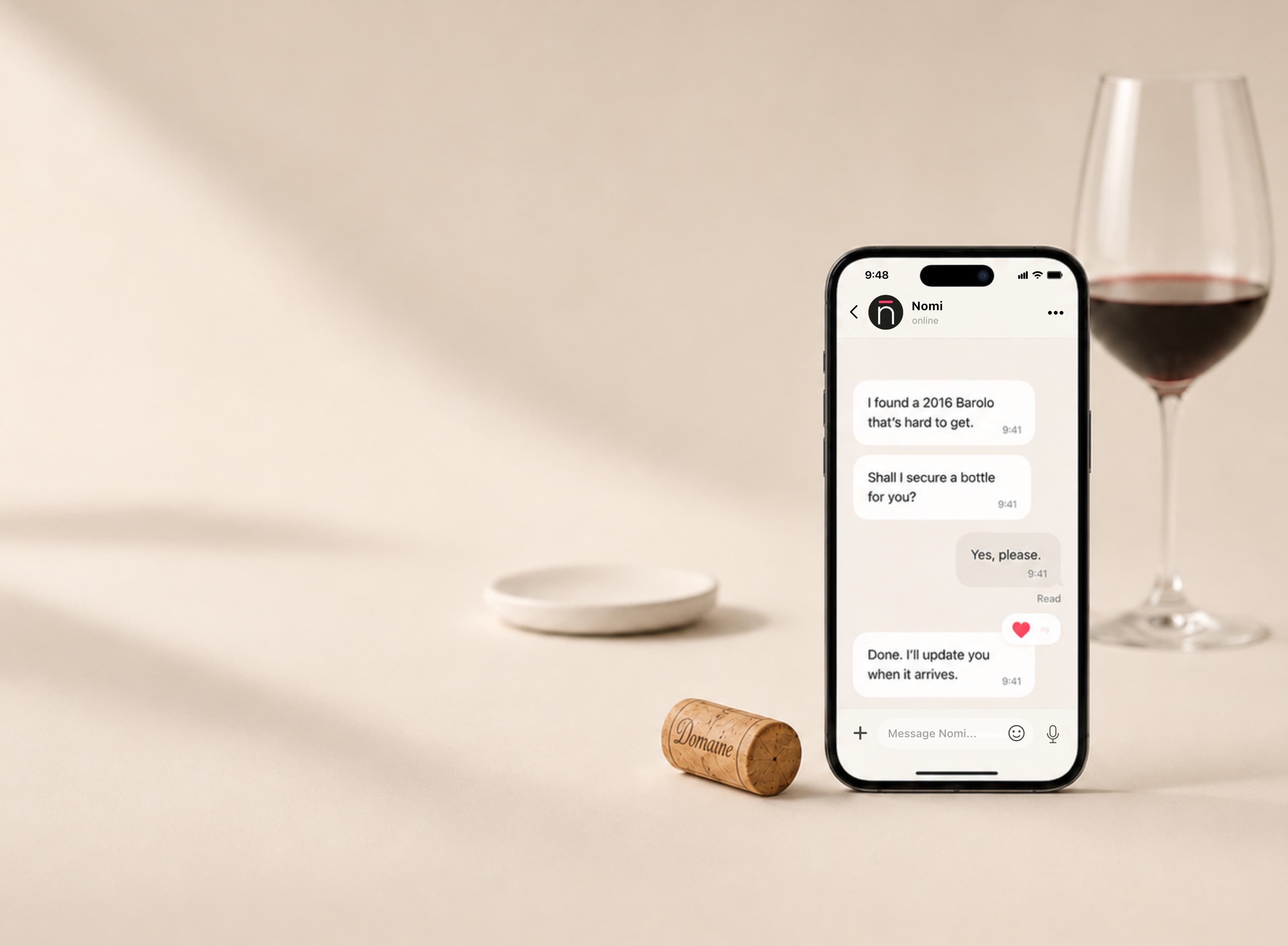 A phone showing a WhatsApp chat where Nomi secures a hard-to-get 2016 Barolo, next to a glass of red wine