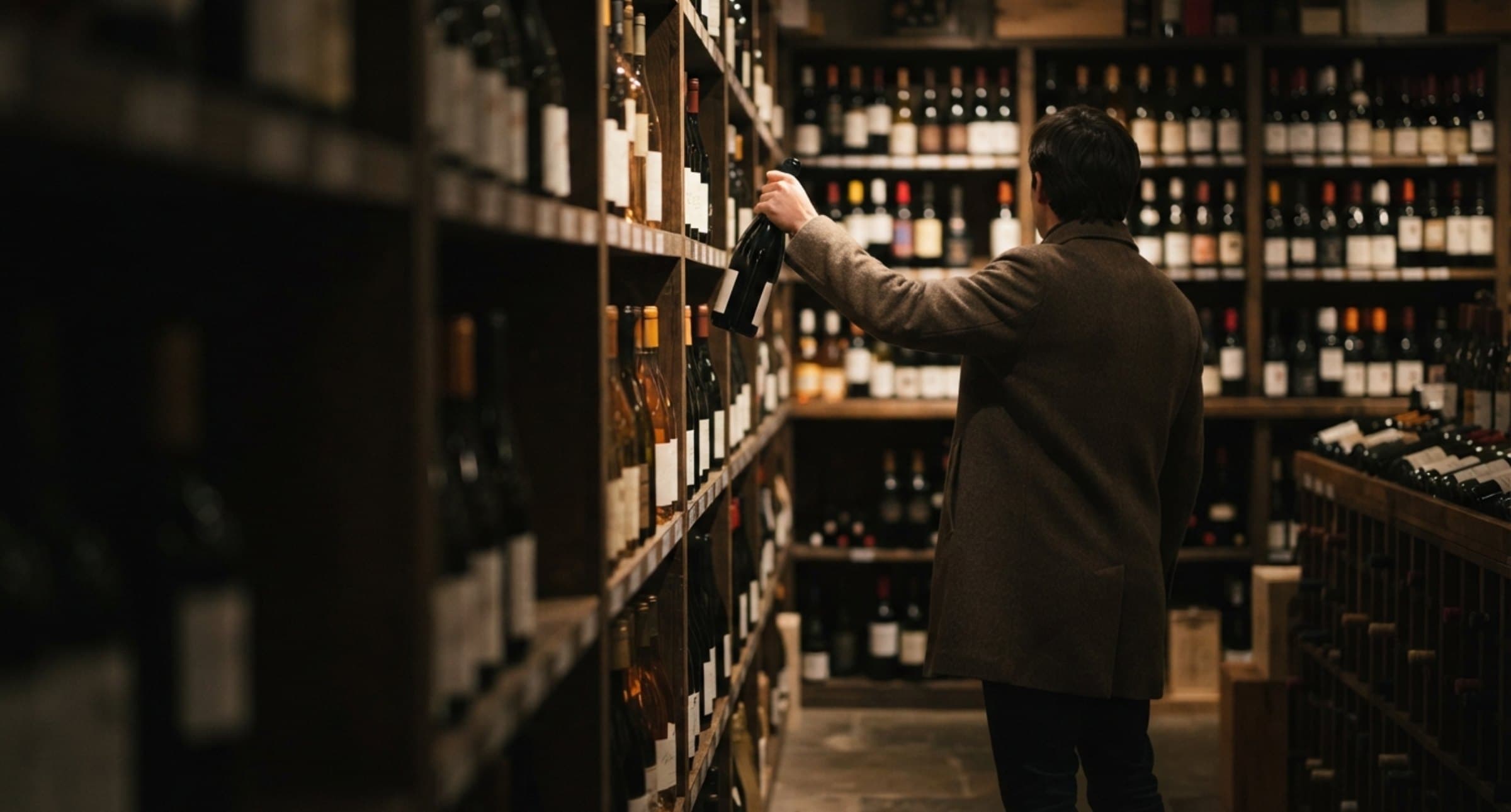 A wall of wine bottles on a merchant's shelves