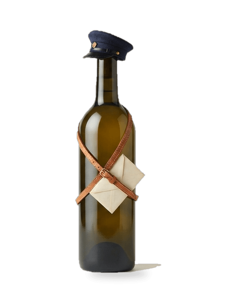 A wine bottle styled as a messenger, cap and satchel included
