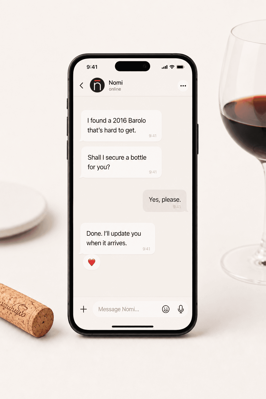 A phone showing a WhatsApp chat where Nomi secures a hard-to-get 2016 Barolo, next to a glass of red wine
